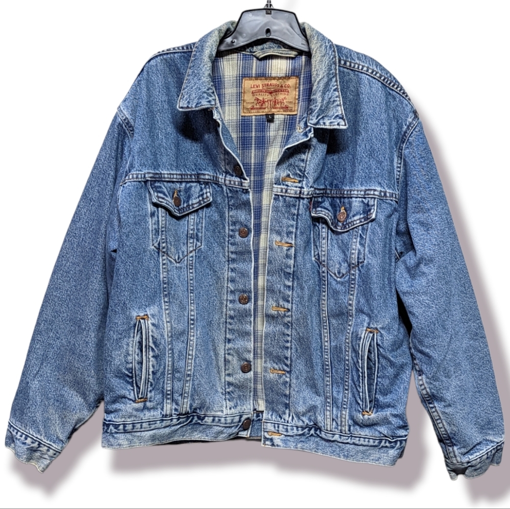 🎉HP Vtg Men's Levi's Trucker Jacket Denim Fleece Lining 100% Cotton USA 80's L